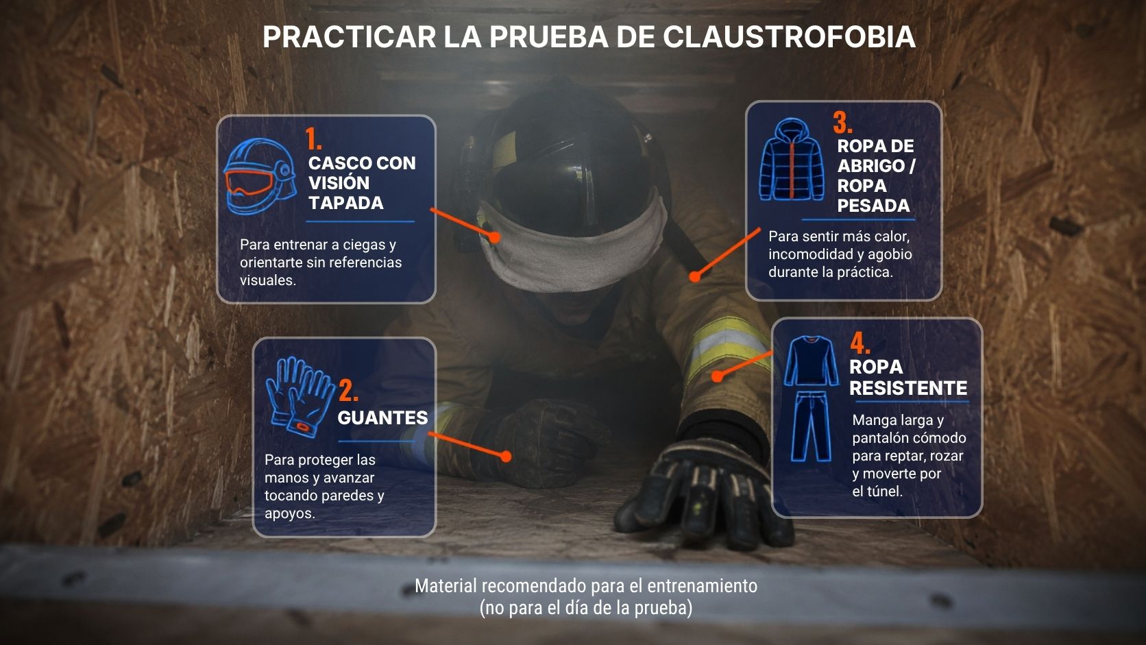 Material recomendado para entrenar la prueba de claustrofobia de Bomberos de Navarra: casco con visión tapada, guantes, ropa de abrigo y ropa resistente