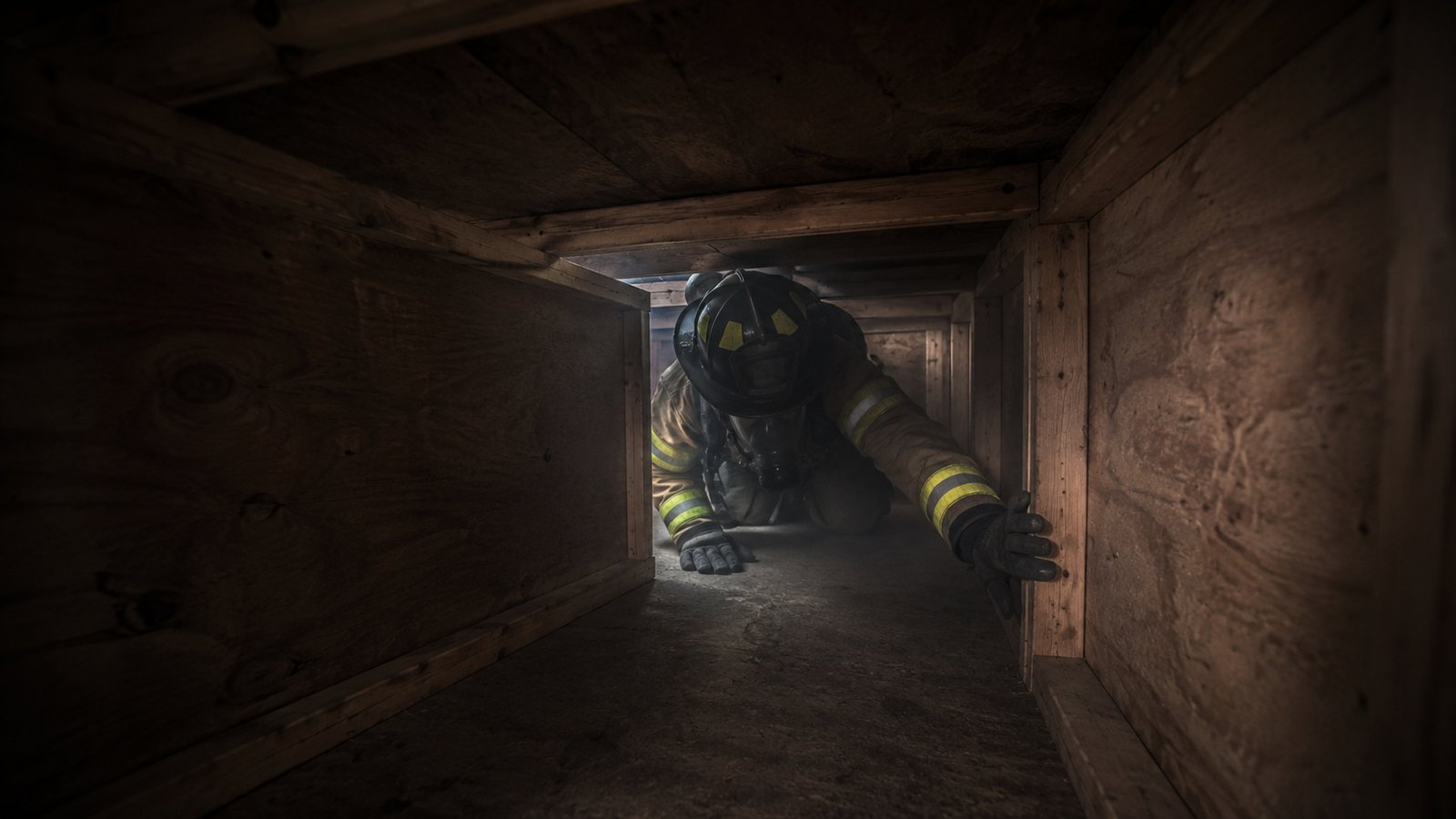Bombero avanzando a gatas por el interior oscuro y estrecho del túnel de entrenamiento de espacios confinados