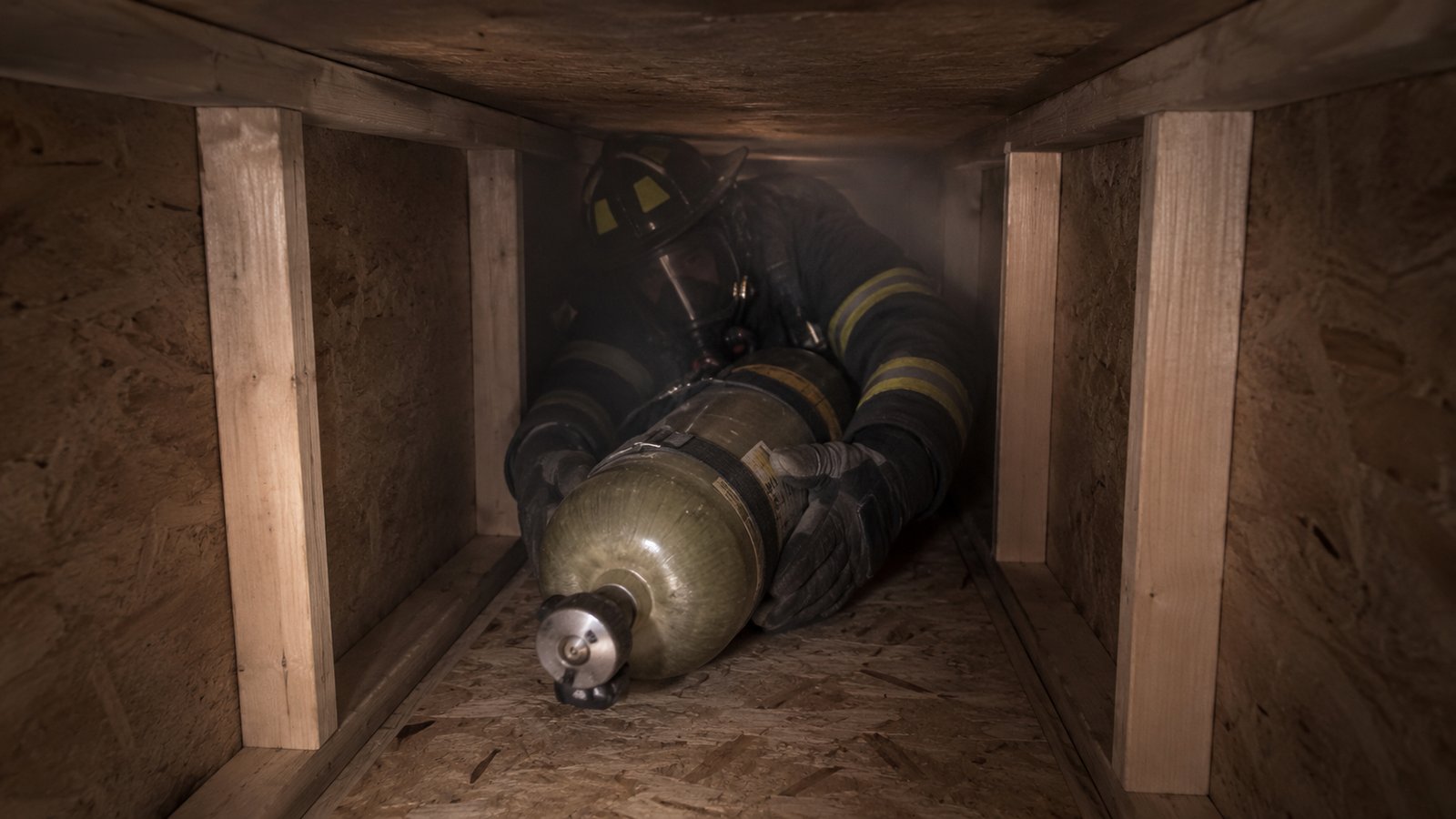 Opositor pasando un tramo estrecho con la bombona de aire por delante del cuerpo, guiándola con las manos