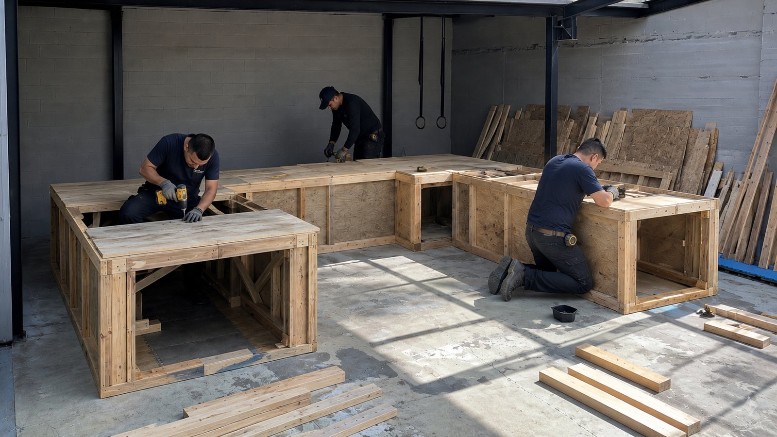 Construcción del circuito de espacios confinados con madera, tableros y listones en el centro de entrenamiento de Pamplona