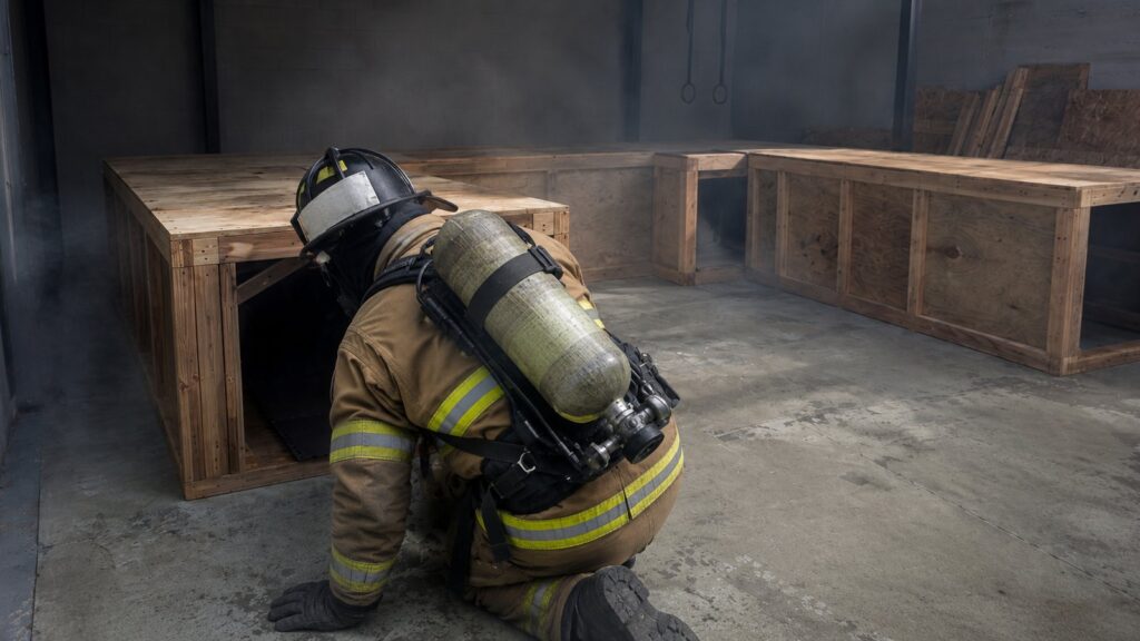 Opositor con equipo de bombero y bombona a la espalda ante la entrada del túnel de espacios confinados con humo