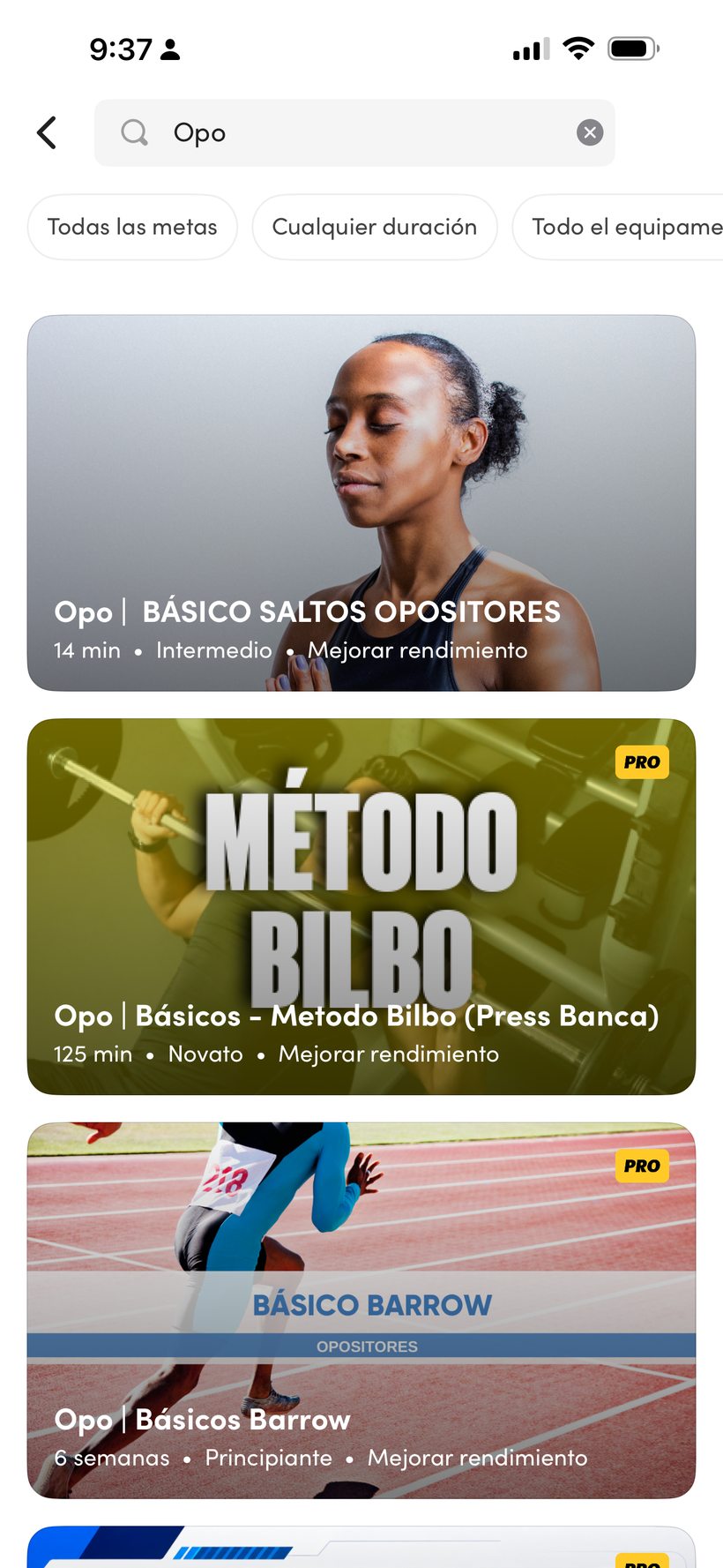 Programas Básicos en la app: Course Navette, Saltos, Barrow y Método Bilbo