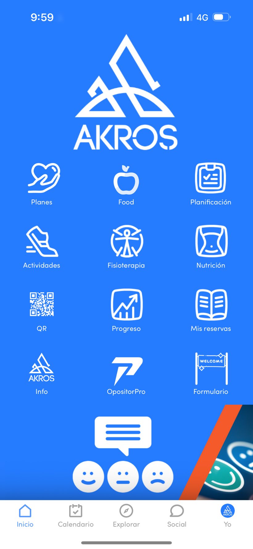Menú de la app de AKROS con Planificación, Actividades, Mis reservas y Formulario