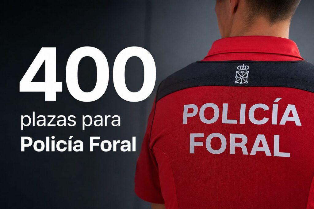 Agente de la Policía Foral de Navarra de espaldas junto al texto 400 plazas para Policía Foral